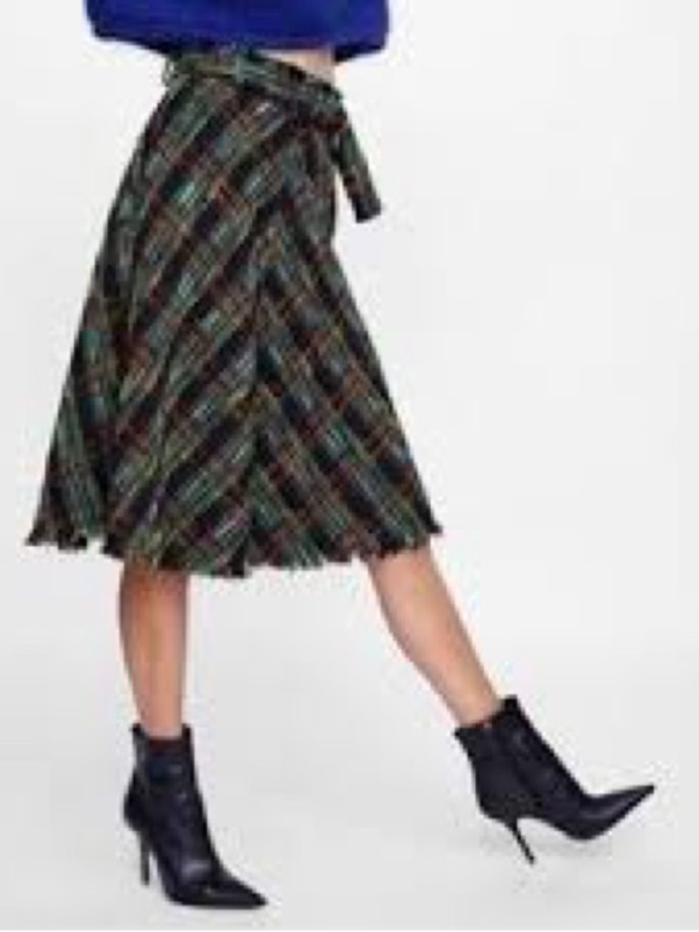 Zara Green and Black Plaid A-Line Midi Skirt with Waist Tie